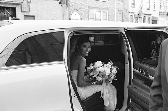 bride in vintage car before church ceremony in Brooklyn