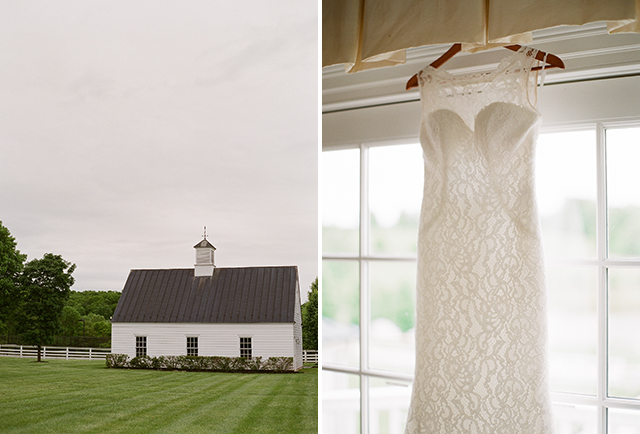 lace wedding gown hanging from window