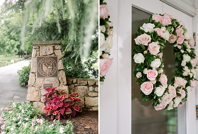 wedding day details at bethesda country club including venue sign and door wreaths