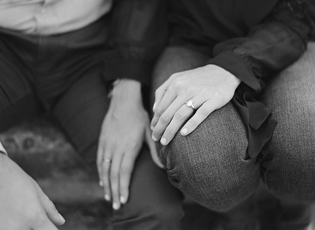 black and white image of engagement ring
