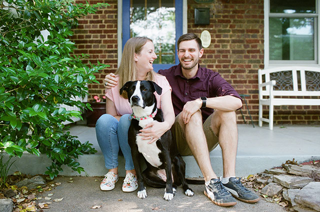 Portrait session photo with dog on the steps on a home in the Fan, Richmond