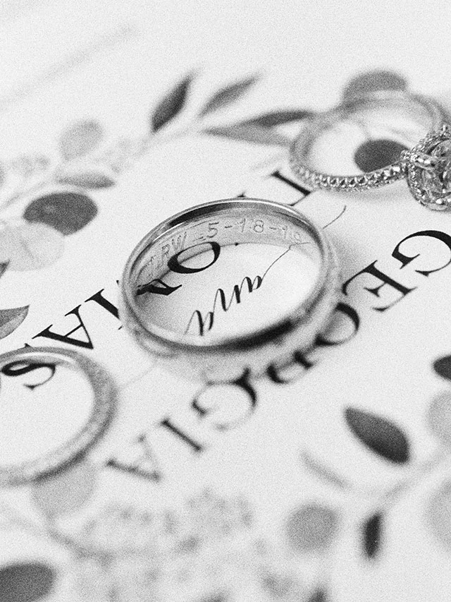 Custom engraved wedding band with wedding date, shot on black and white film