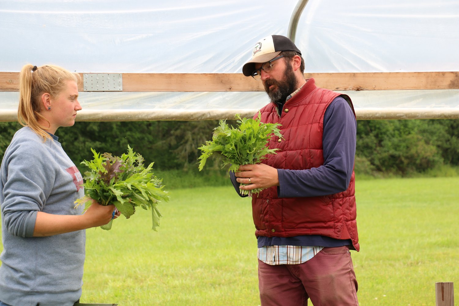 Aaron, our lead instructor and farm manager, checks in with Corbin on the ideal size for a bunch of spicy greens to send to market.