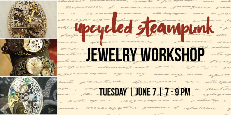 Join us for an evening of Steampunk Jewelry making! Jewelry maker & artist, Tracy, will show you just how easy and fun creating your own Upcycled Steampunk jewelry piece can be! Design your own bracelet using old watch parts, gears, cameos, crystals & more. Let your inner artist come out! A glass of wine and all of the supplies to make your own jewelry piece will be provided.