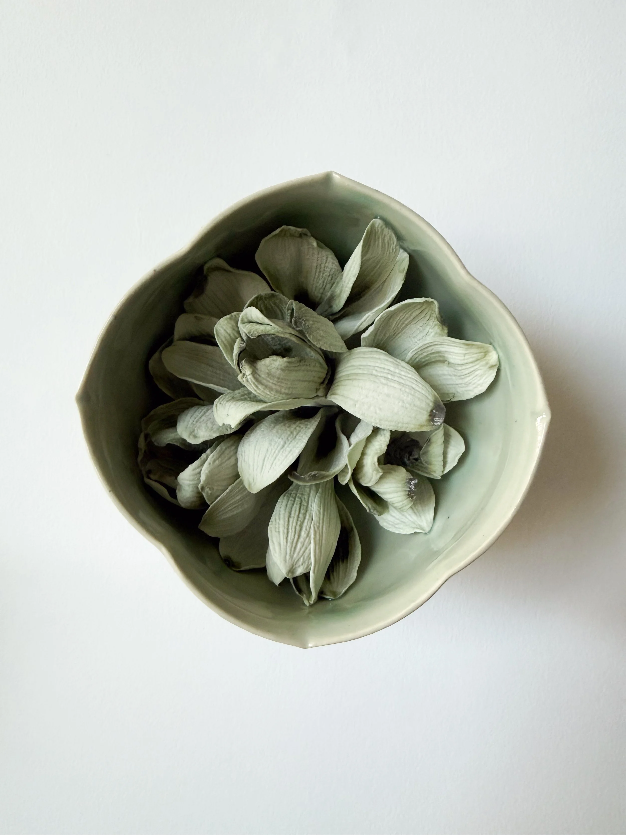 A ceramic bowl filled with porcelain magnolia petals, viewed from above against a plain white background.