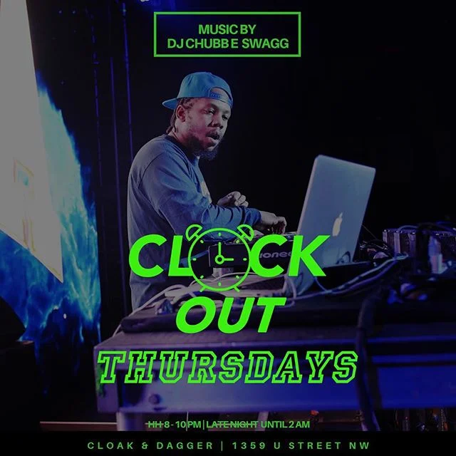 Big @djchubbeswagg in the booth tonight . Happy hour vibes by @mickeyrockz . @vchizi at the downstairs bar and happy hour specials featuring @crownroyal and @dussecognac until 10pm. @jss.chelsea @vita.coco_ @icah_deguz with libations & vapes. Beat us there ! #cloakdaggerdc #cloakthursdays