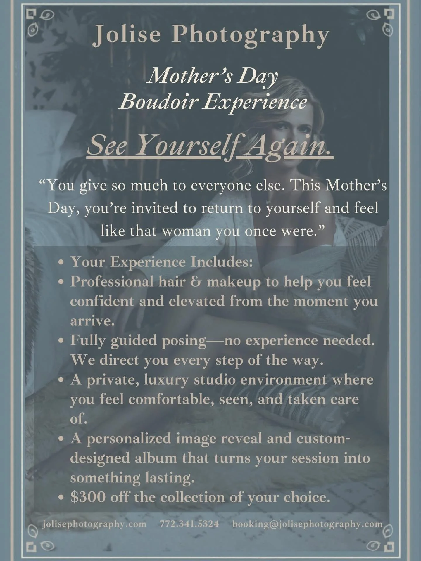 This Mother&rsquo;s Day&hellip; do something that&rsquo;s actually for you.

Not for your kids.
Not for your family.
Not for everyone else.

For you.

Our Mother&rsquo;s Day Boudoir Experience is designed for the woman who gives everything&mdash;and 