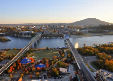 Aeriel view of Coolidge Park, the new home of the Moon River Music Festival.