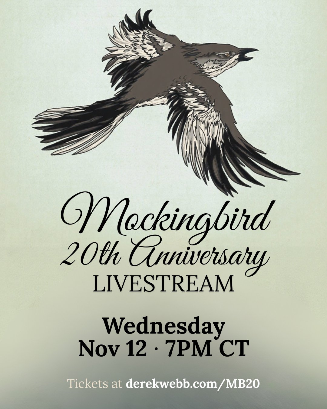 Join the 20th anniversary celebration of @derekwebb's album Mockingbird! He will play the full album, share stories about how the album came to be, and more on his livestream on Wednesday, Nov 12 at 7PM CT.⁠
⁠
If you can&rsquo;t join live, every tick