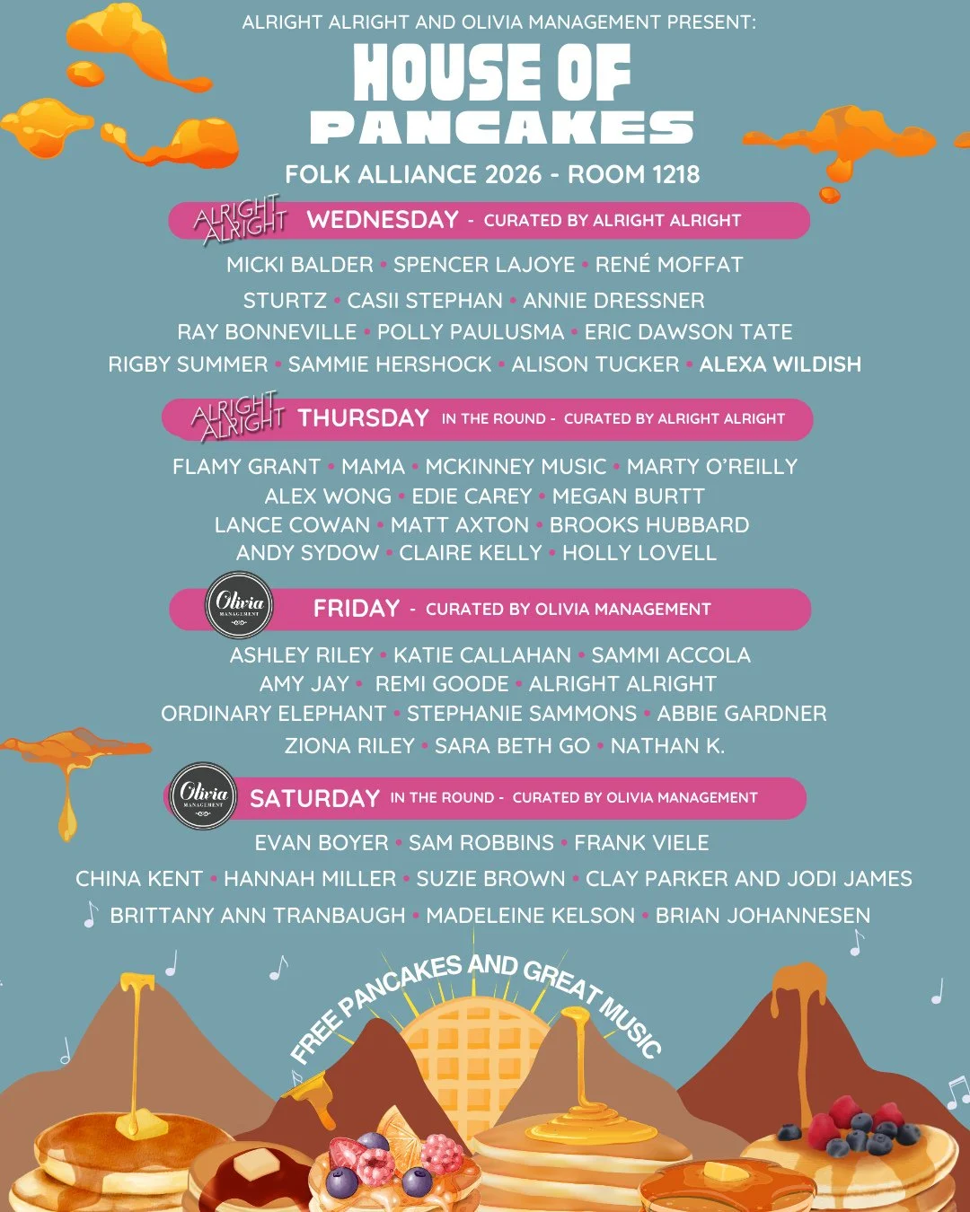 @folk_alliance is already almost upon us, and so it's time for us to share our official House of Pancakes showcase lineup! 🥞 As with every year, we are blessed with some truly incredible artists and are really looking forward to dishing out pancakes