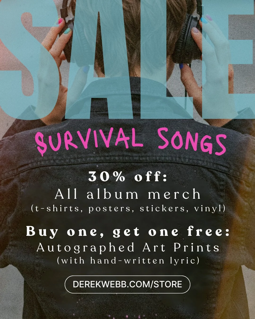 If you've been eyeing a piece of Derek Webb's Survival Songs merch, now is the time to get yours! Now through the end of February, take 30% off all Survival Songs merch, except for the autographed art prints, which are buy one get one free. This merc