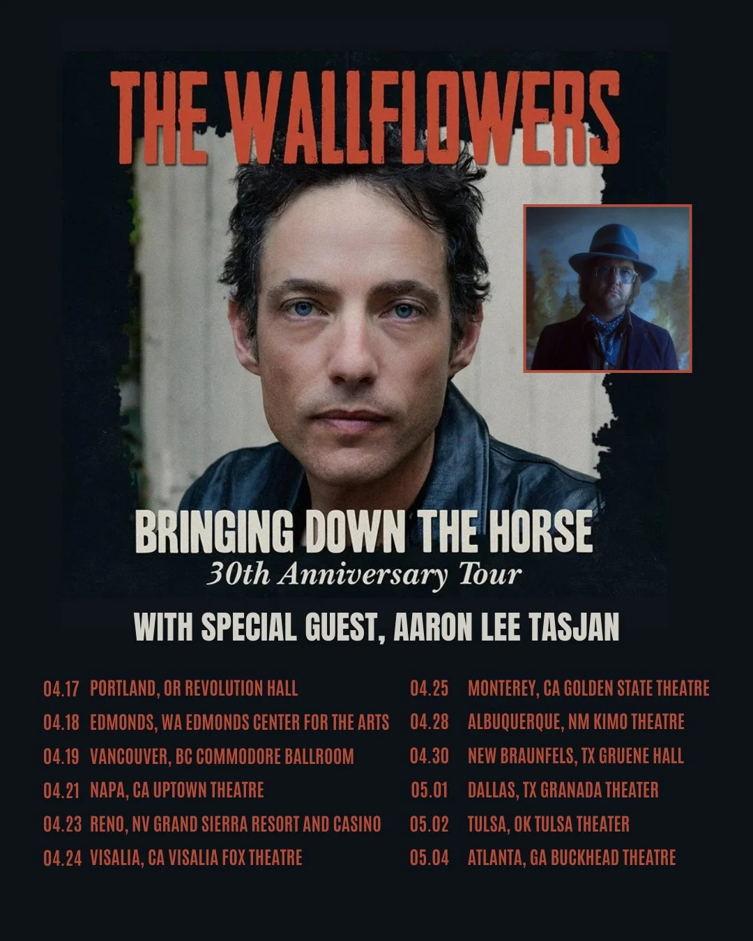 @wallflowersband's 30th anniversary tour just got even more exciting! @aaronleetasjan will be joining 12 shows across North America to celebrate 30 years of Bringing Down the Horse. Tickets are going fast, so make sure you get yours while you can! Do
