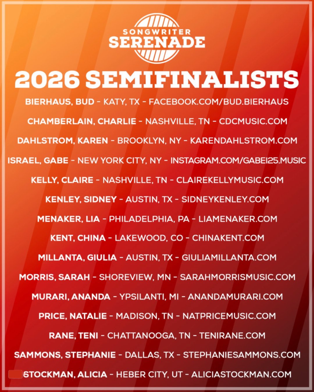 @songwriterserenade announced their 2026 finalists, and our longtime clients and dear friends @chinashine and @stephaniesammonsmusic are both finalists! So proud of these talented badass songwriters (who, by the way, are both working on INCREDIBLE re