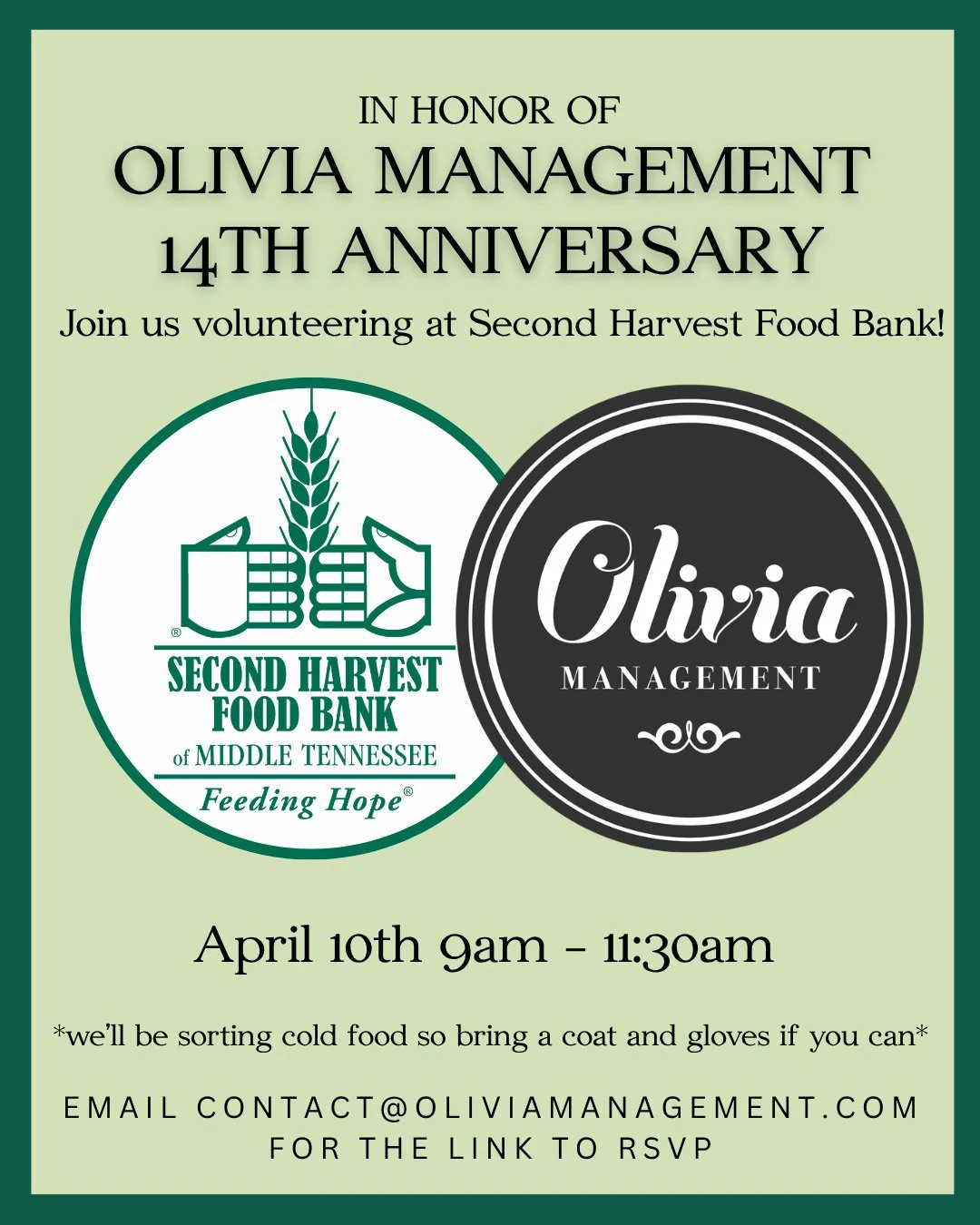 Last call for volunteers to join us this Friday, April 10th from 9-11:30am as we sort cold foods with @2harvestmidtn! We're celebrating 14 years of Olivia Management by donating our time to a really great organization. Will you join us? Email contact