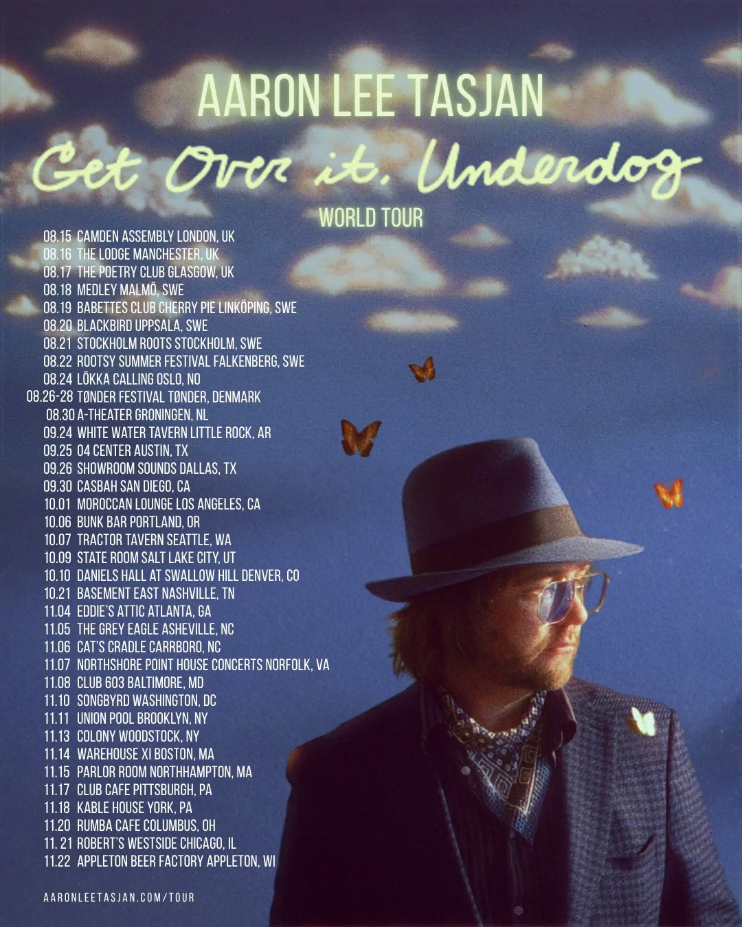 Tickets for the Get Over It, Underdog World Tour are on sale NOW!⁠
⁠
Spanning cities across the U.S. and Europe, this tour will mark the next chapter of @aaronleetasjan's record, taking it from headphones to stages. Take a look at the dates and grab 