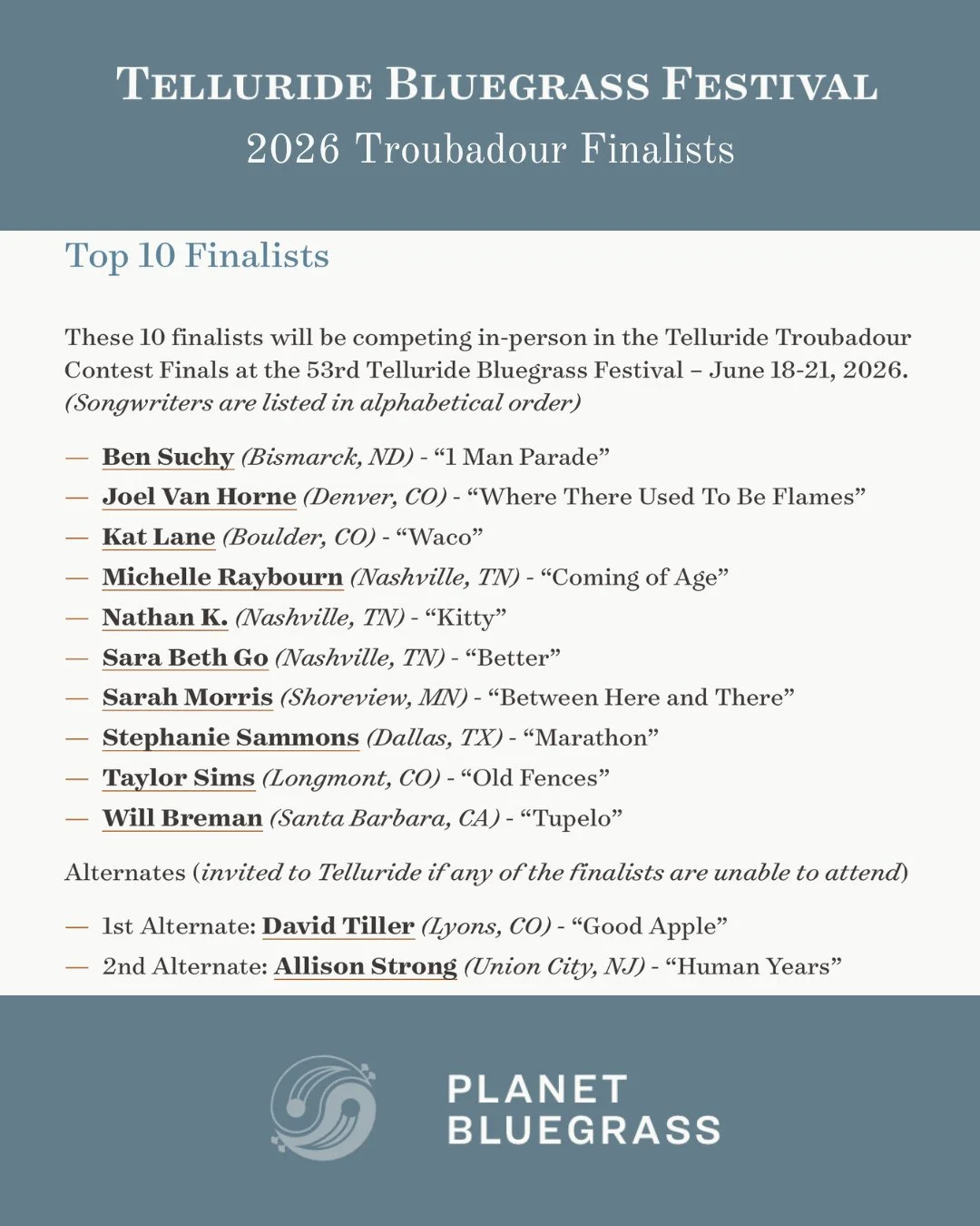 The @planet.bluegrass @officialtelluridebluegrass Troubadour Finalists have been announced for 2026, and we are thrilled that some of our consulting clients have made the list, with @_remigoode_ as honorable mention! Congratulations to @stephaniesamm