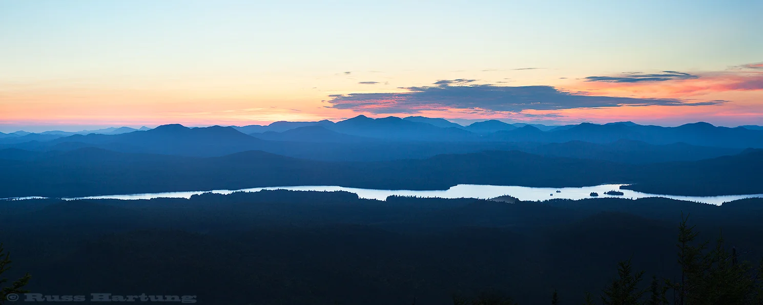 Sunrise from the top of Catamount Mountain looking West over Union Falls Pond.