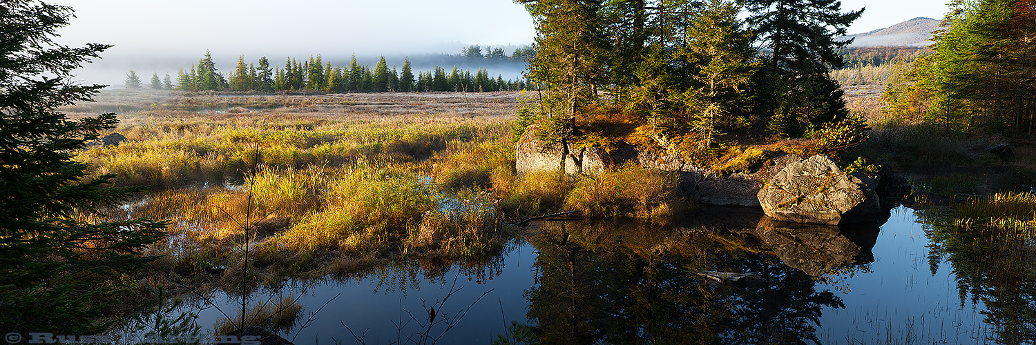 Sunrise on the trail at Paul Smith's VIC. The air was cool but the water was still warm in the early Fall so the evaporating water condensed into mist in the cool air. 