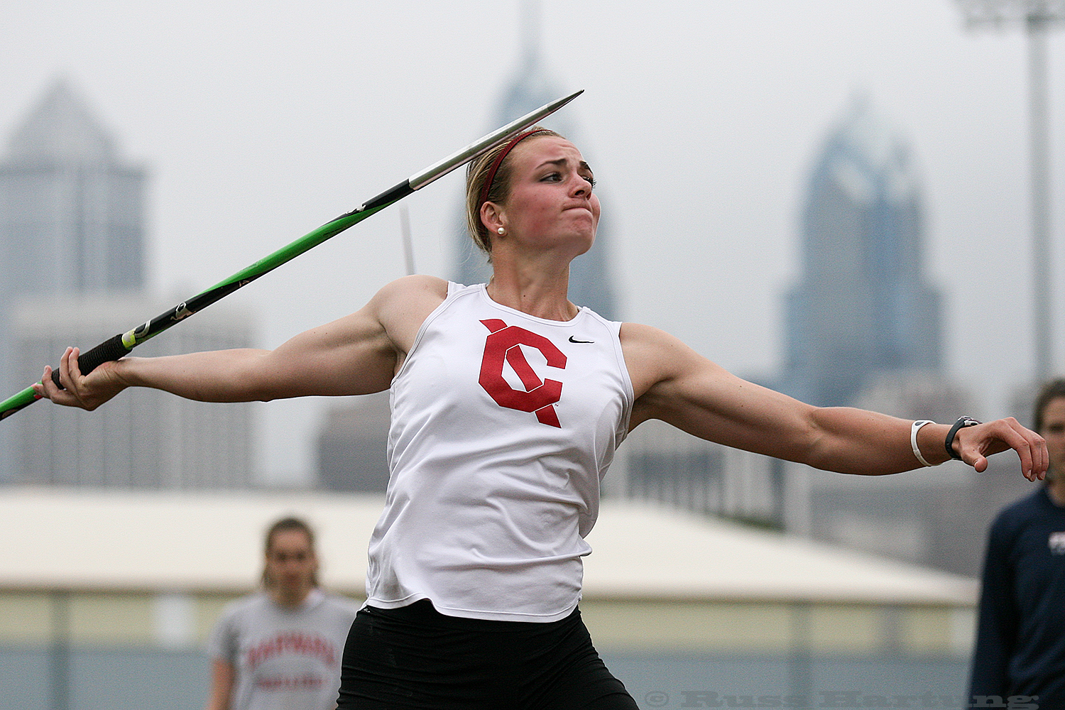 Victoria Imbesis competing in javelin at the 2012 Heptagonal Championships at Penn.  