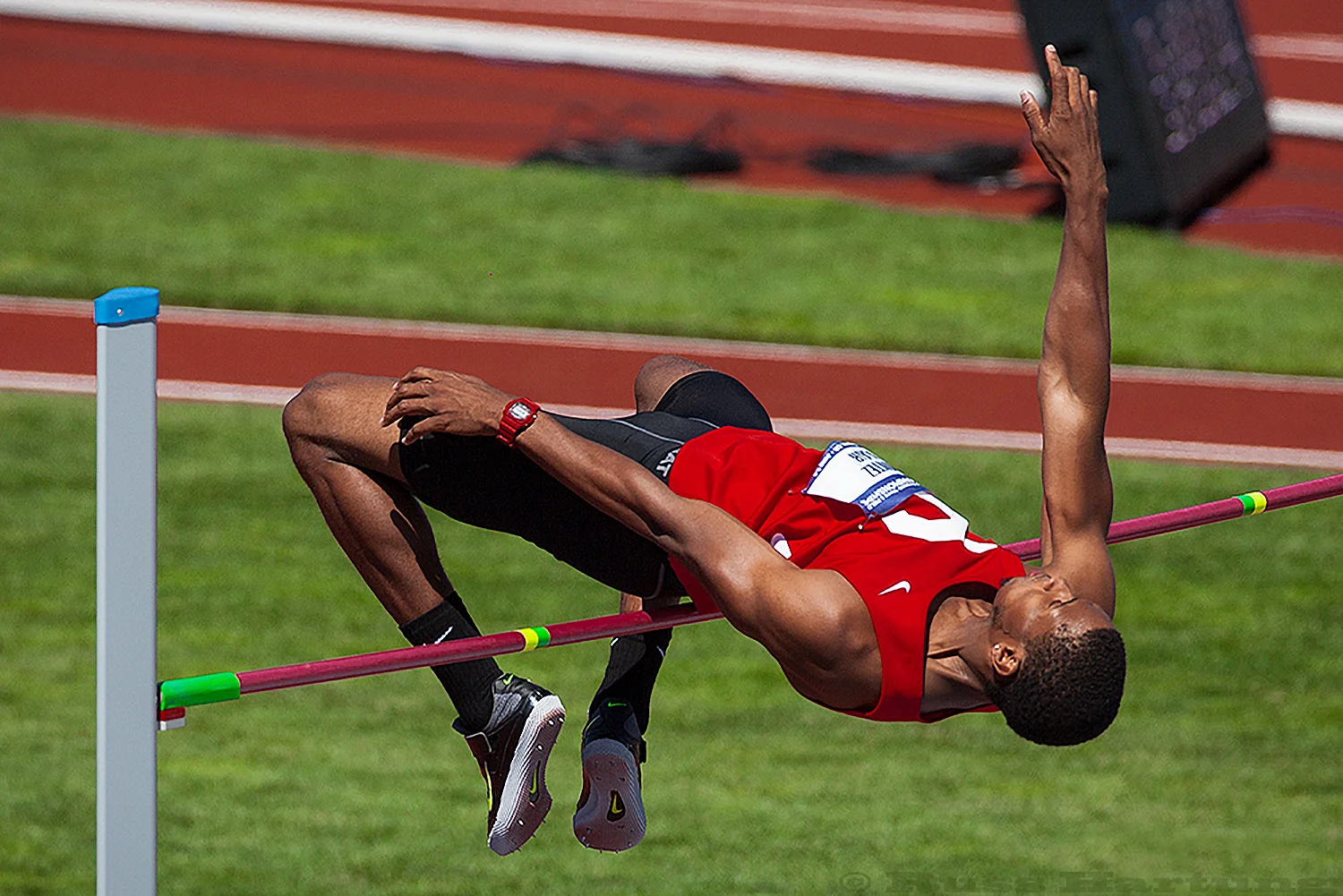 Montez Blair executes perfect form in his high jump at the NCAA Division 1 National Championships in Eugene, Oregon.