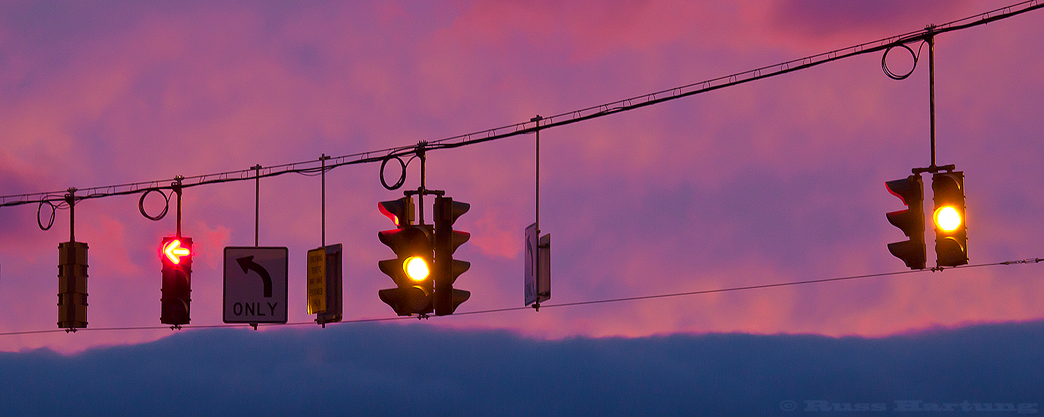 Traffic lights at sunset. 