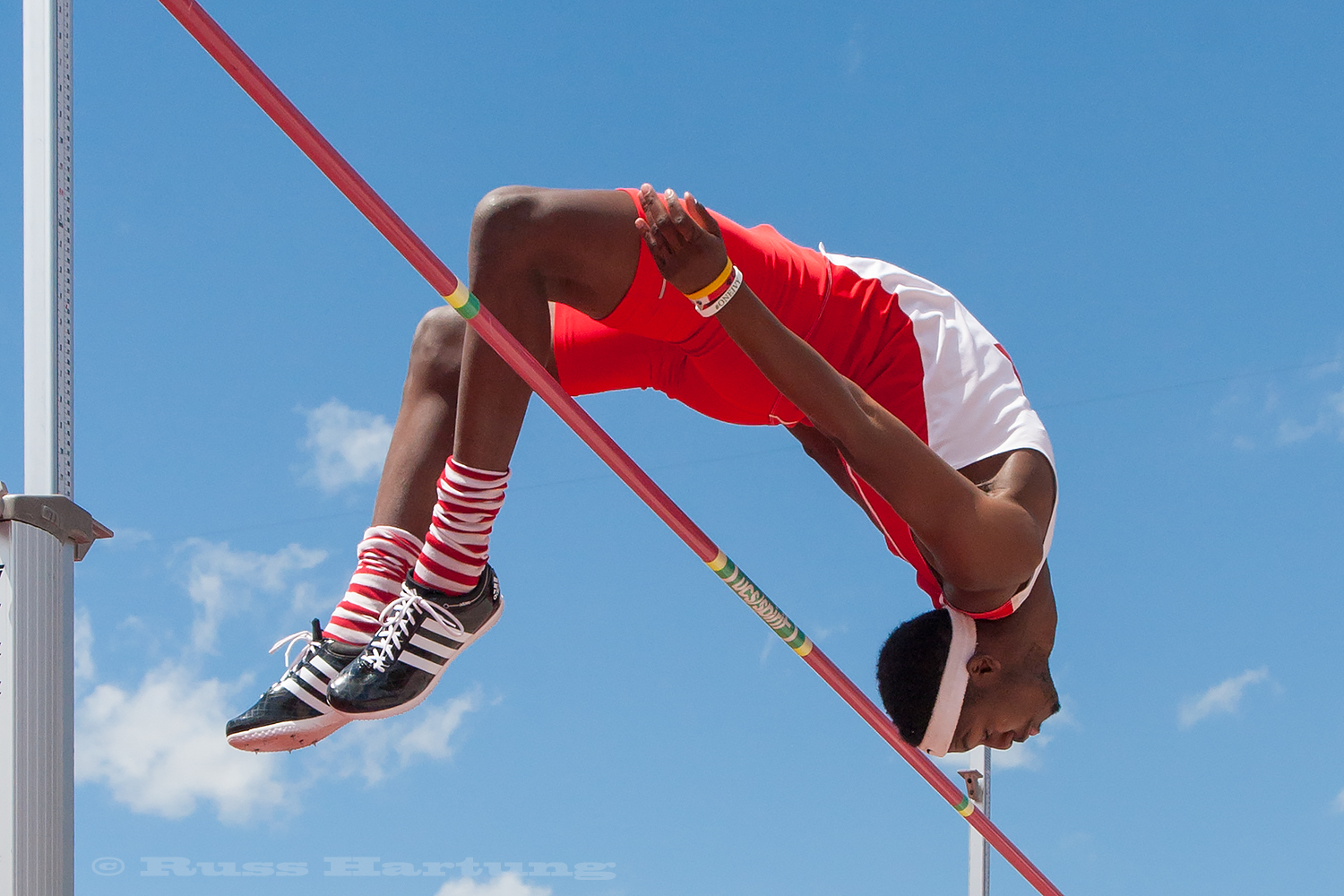 This high jumper executes a perfect arc during competition in Princeton, New Jersey. 