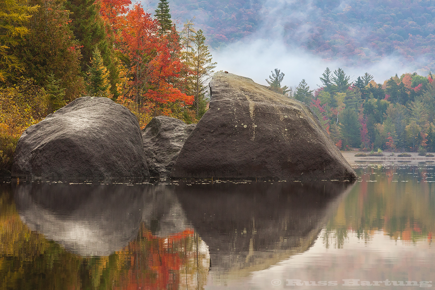 Boulders on Cheney Pond in the Fall. 