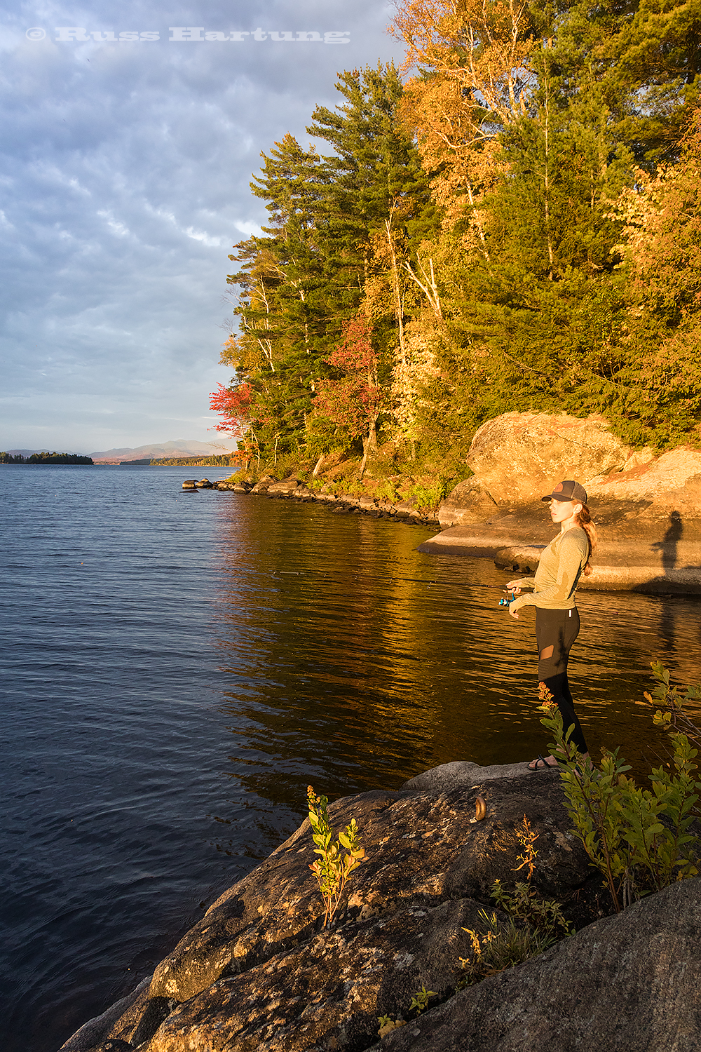 Fishing from our lean-to site on Long Pond at sunset. 