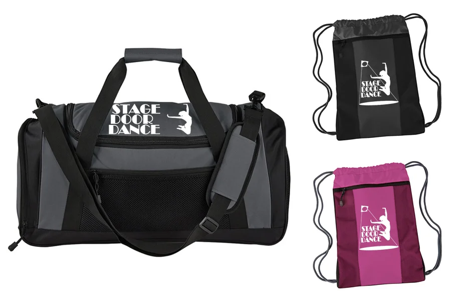 Bags: Duffel bags will be available in one color (black and grey). Drawstring bags will be available in two colors (pink or black).