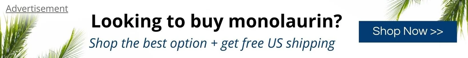 Advertising banner with tropical leaves background, promoting the purchase of monolaurin with a call to action to shop now, emphasizing free US shipping.