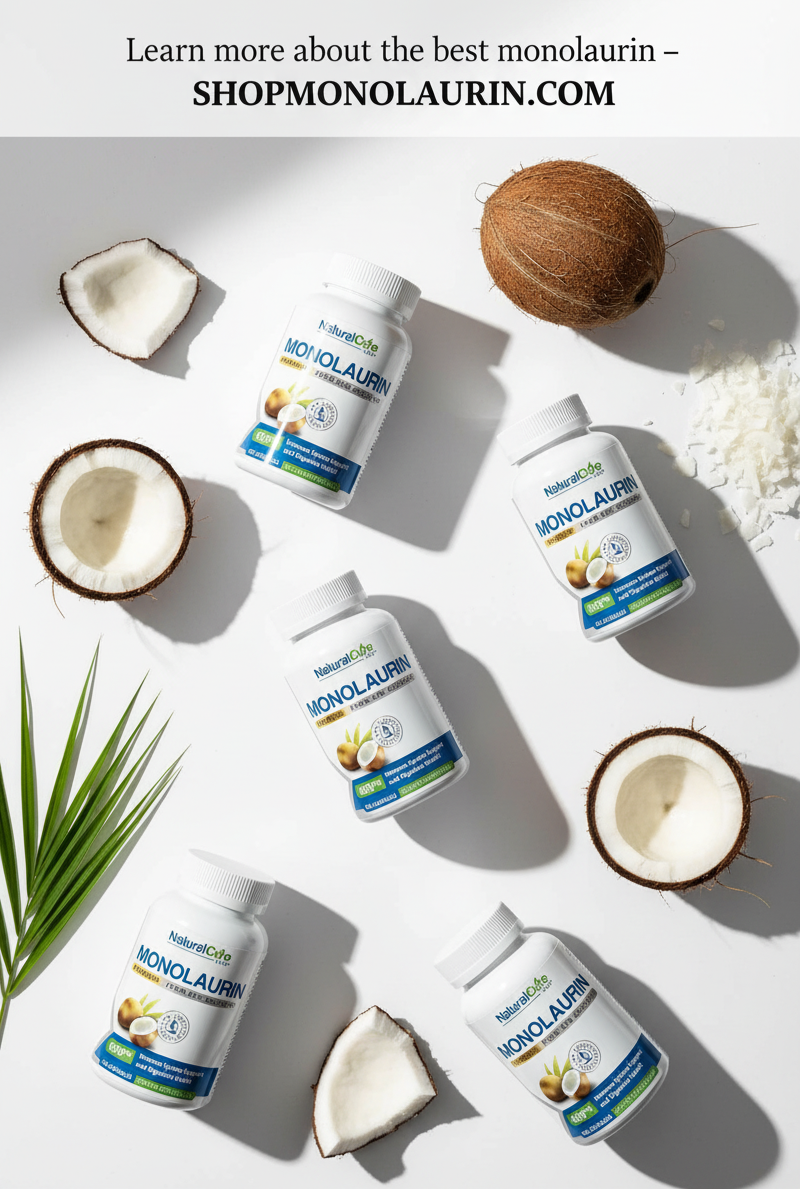 Magazine-style flat-lay image featuring monolaurin supplement bottles, coconut pieces, and a clean white background promoting SHOPMONOLAURIN.COM