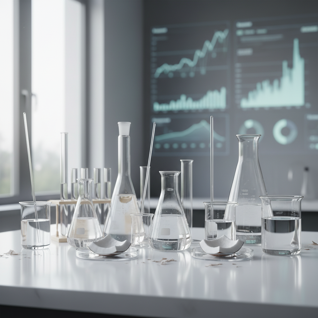 Laboratory glassware and scientific research setup with natural coconut elements on a clean white background, representing monolaurin studies and clinical wellness