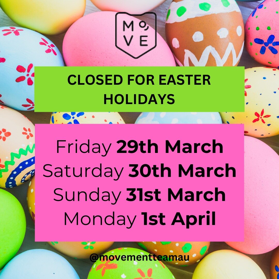 The Movement Team will be closed from Friday the 29th of March until Monday the 1st of April for the Easter long-weekend. 

We wish everyone a Happy Easter and hope you enjoy some delicious chocolates! 🐣🍫

The clinic will reopen on Tuesday the 2nd 