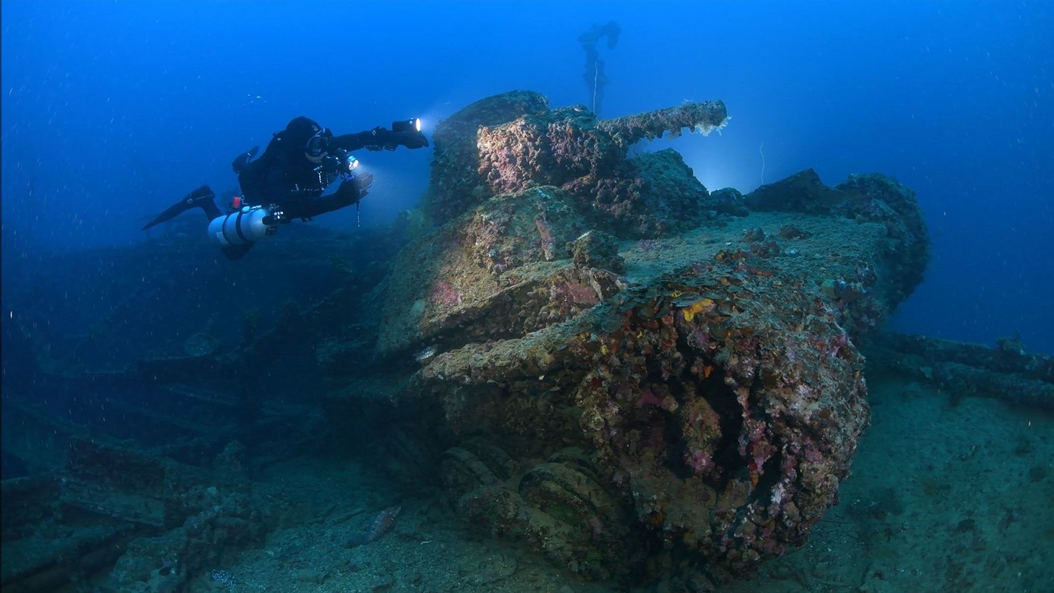 Tank on deck of San Francisco Maru, Truk Lagoon