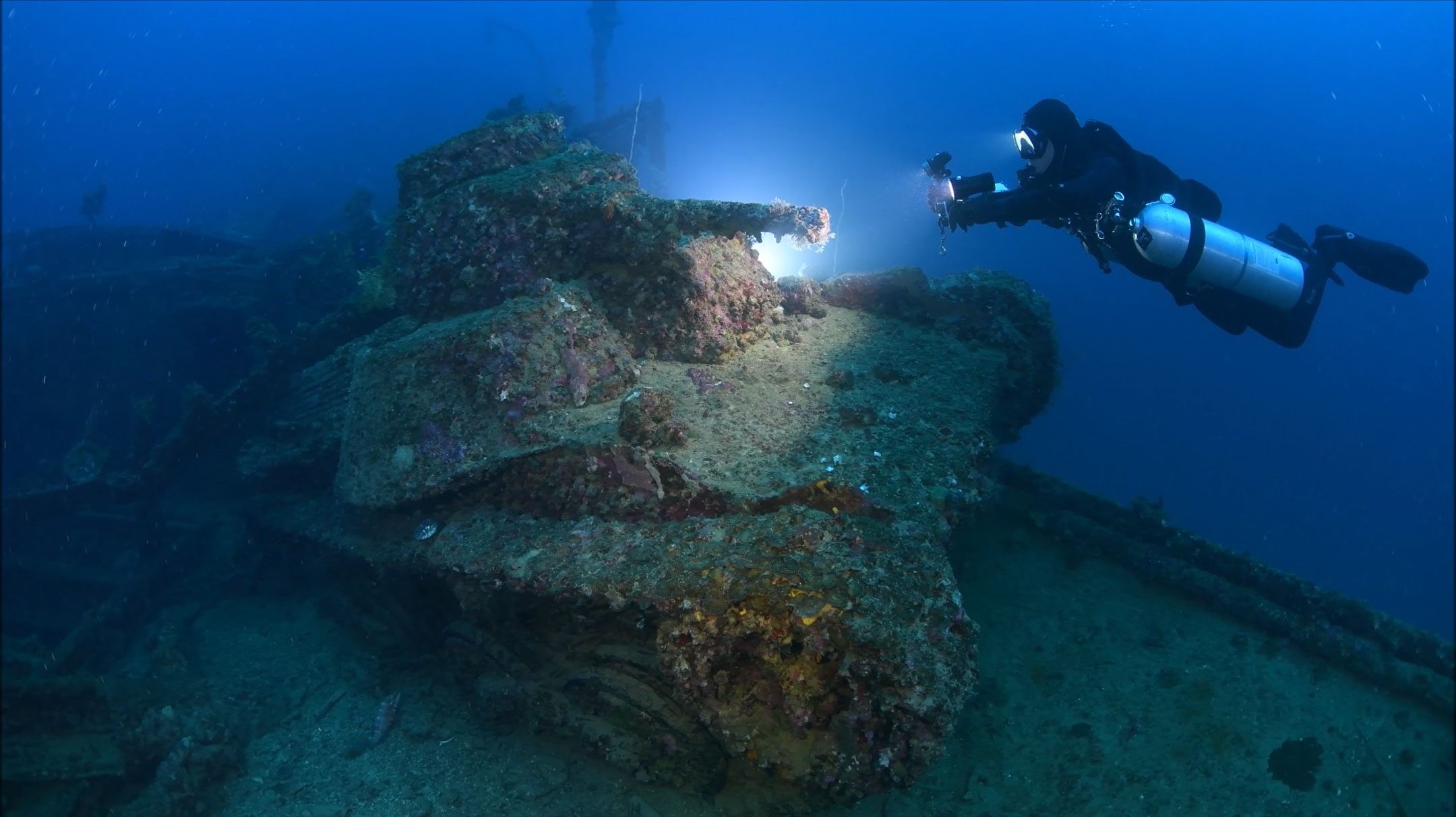 Tank on deck of San Francisco Maru, Truk Lagoon