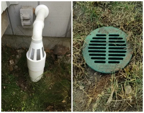 (Right) Ice Guard: In case the underground drain ever freezes, the ice/water will spill out of these holes, instead of backing up into the basement. (Left) Water will normally seep back into the ground from the drywell, but if there is ever a big storm and it floods, the water will bubble up to the surface here.