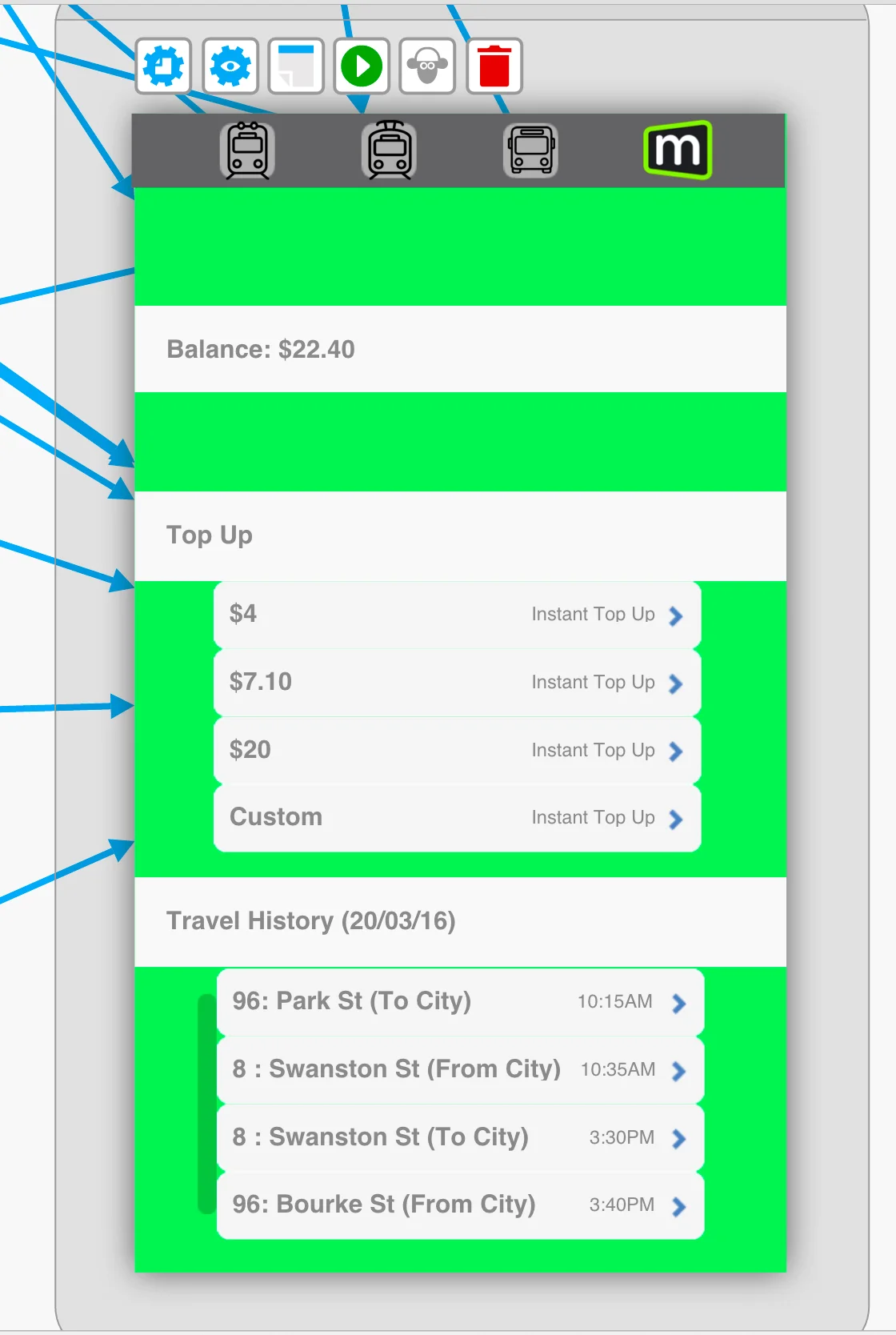All relevant myki information, along with one click instant top up. 