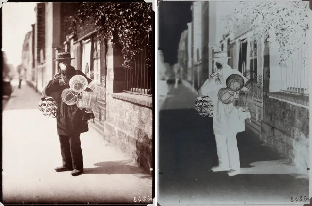 From left: Eugène Atget. Marchand de paniers en fil de fer . 1899–1900. Albumen silver print, printed 1978 by Chicago Albumen Works. Abbott-Levy Collection. Partial gift of Shirley C. Burden; Eugène Atget. Marchand de paniers en fil de fer . 1899–1900. Gelatin dry plate negative. Abbott-Levy Collection. Partial gift of Shirley C. Burden