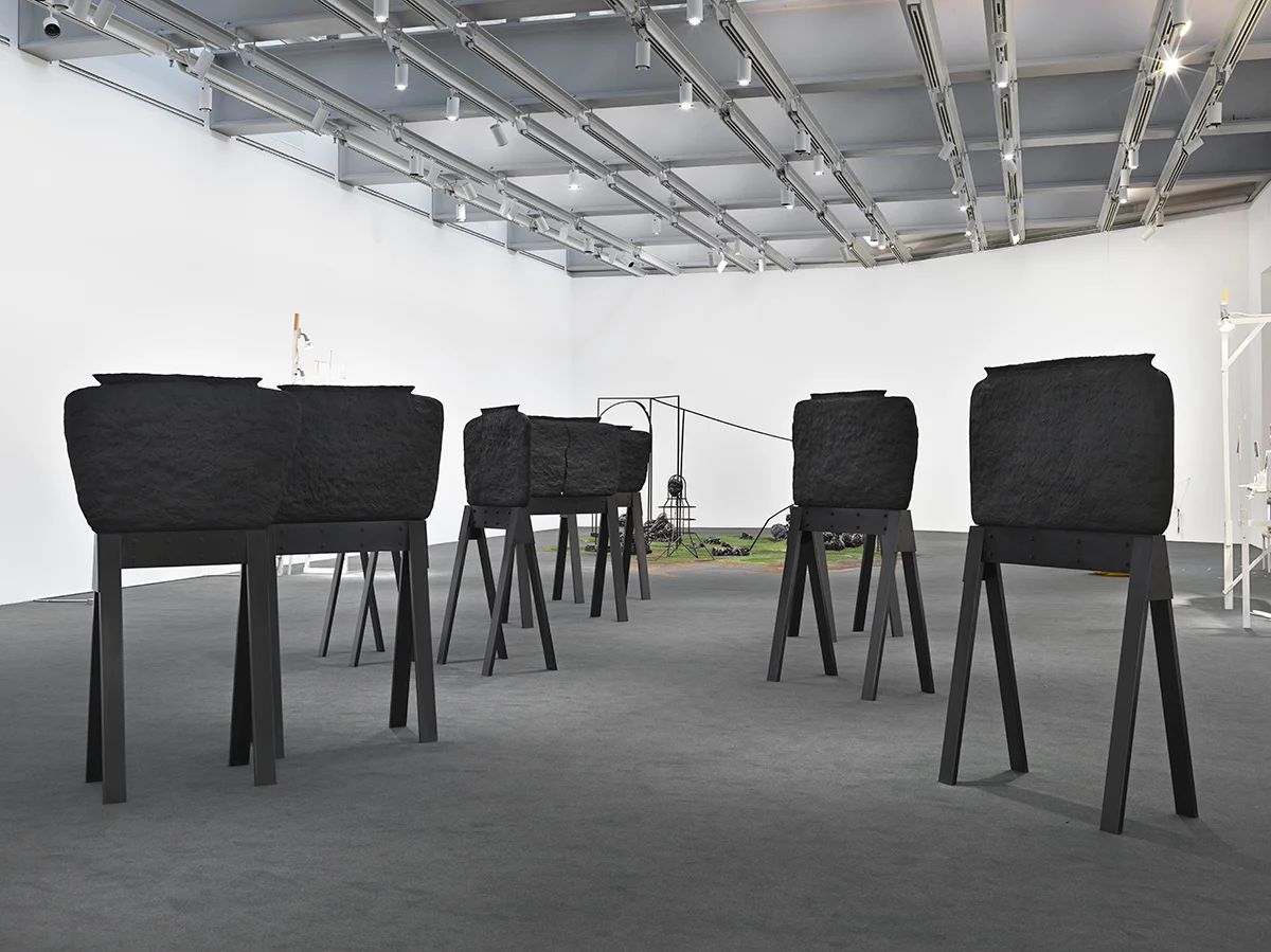 Design Development and Fabrication of steel sawhorse bases for artist Elizabeth Jaeger Exhibition: Mirror cells, Whitney Museum of American Art, NYC Blackened steel, oak, hardware image courtesy of the artist