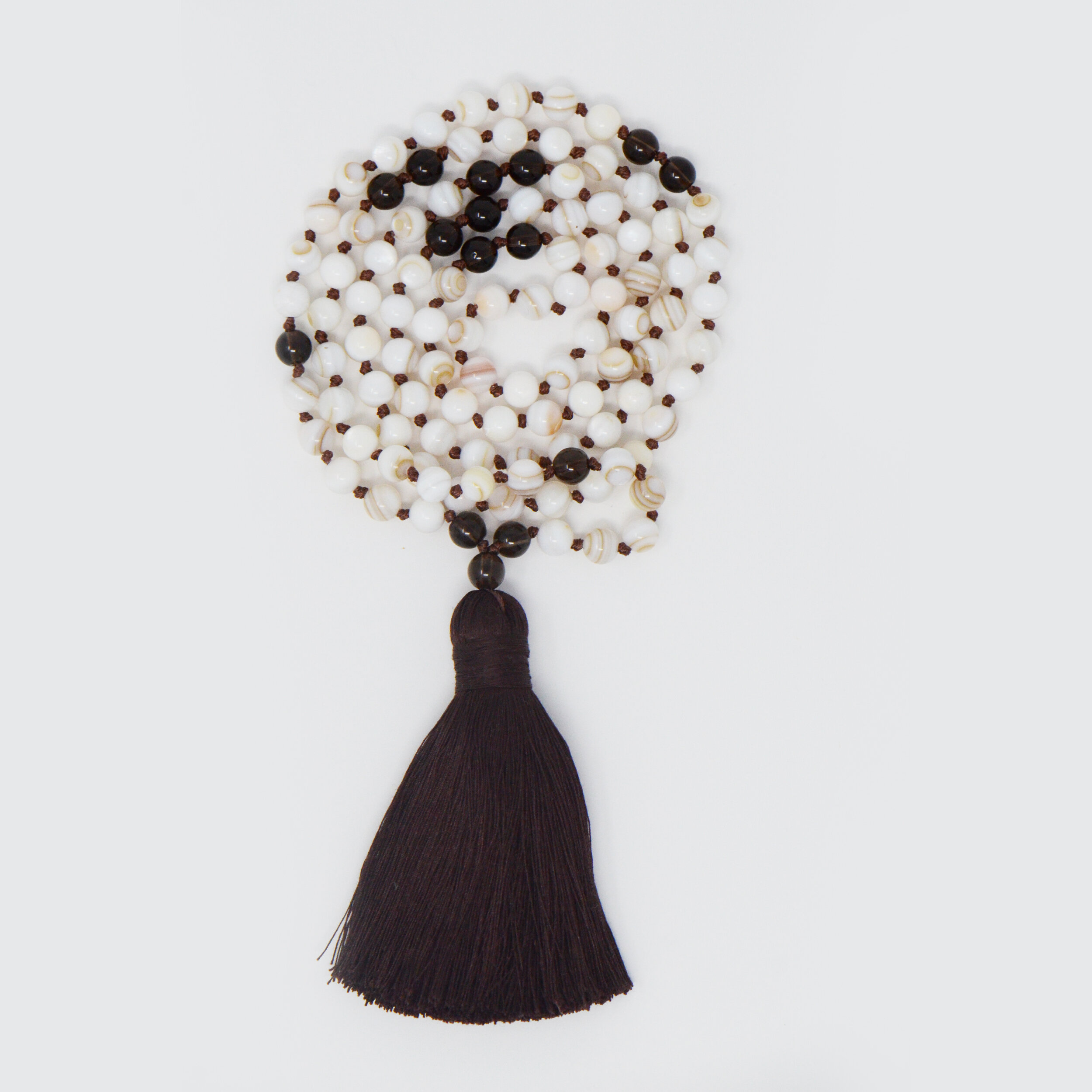 I am Harmony Mala - Mother of Pearl and Smoky Quartz