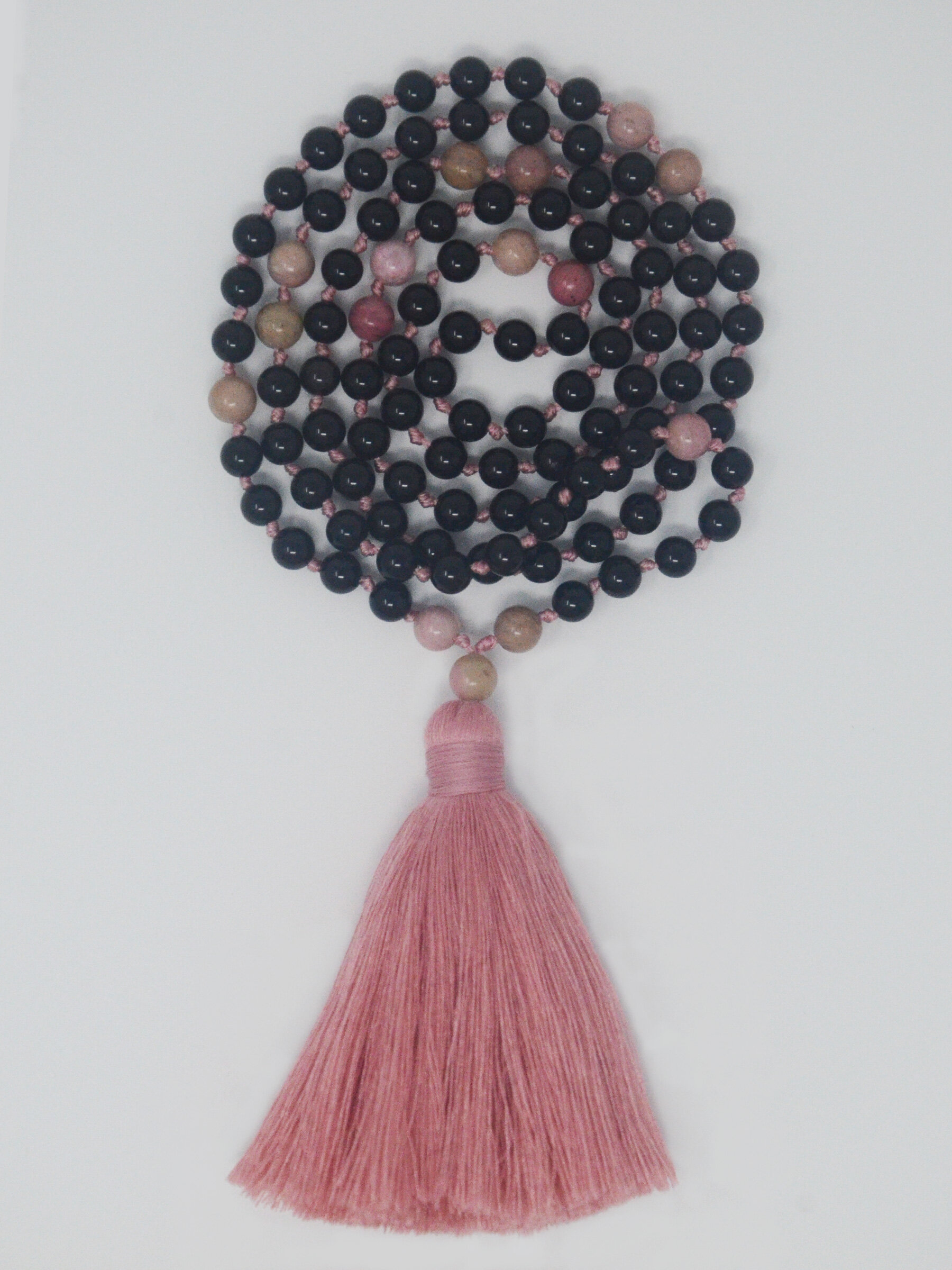 I am Worthy Mala - Rhodochrosite and Black Onyx