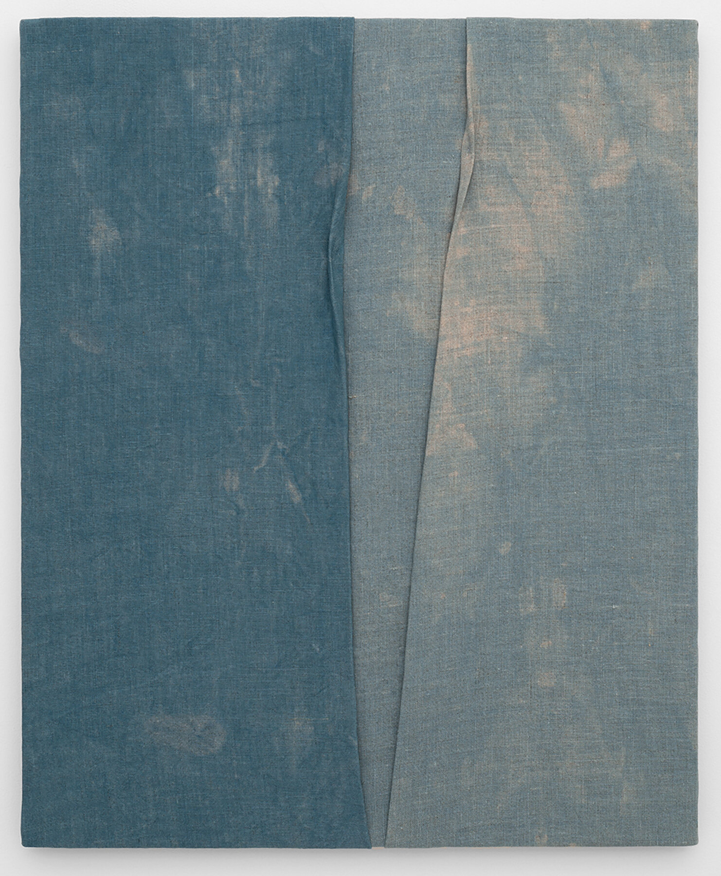   In the Warm Hold , 2021                                                                                               Indigo dyed linen, stitched                                                                                                22 x 18