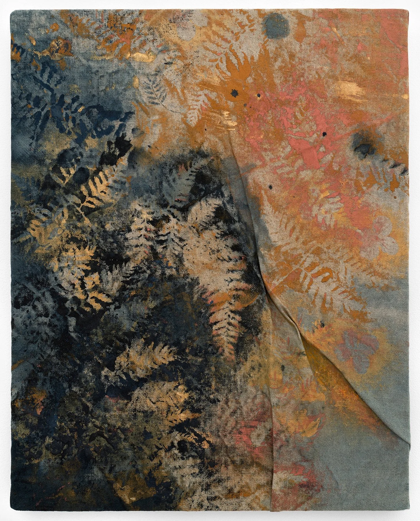   Painted Fern (Coral),  2023                                                                                              earth pigments and acrylic on stitched linen                                                                                   