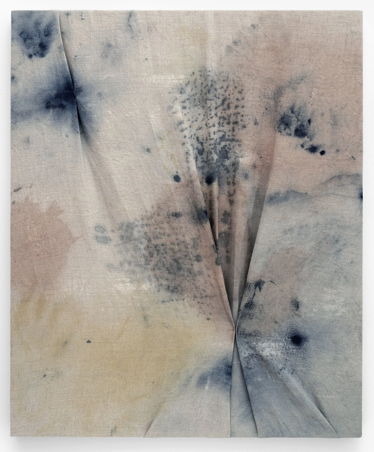   After the Moon,  2023                                                                                             indigo, avocado, turmeric and acrylic on stitched linen                                                                               
