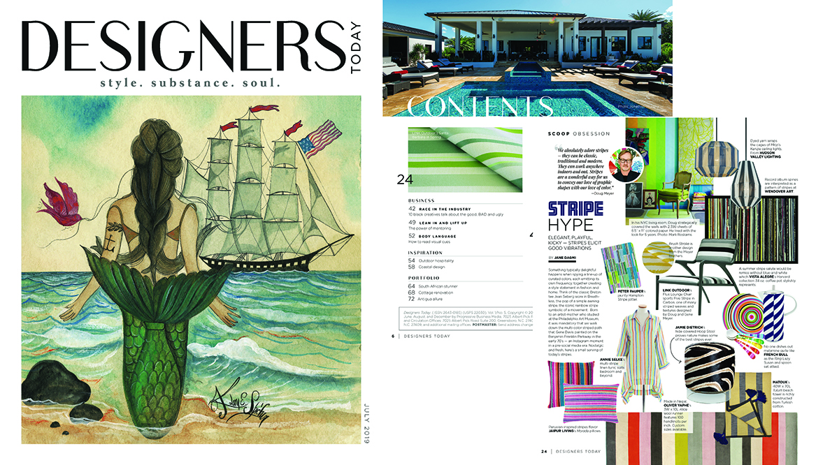 Designers Today July 2019, featuring Santa Barbara in Spring , Brush Stroke in Dandelion , and the Flux Lounge Chair in Five Stripe in Carbon