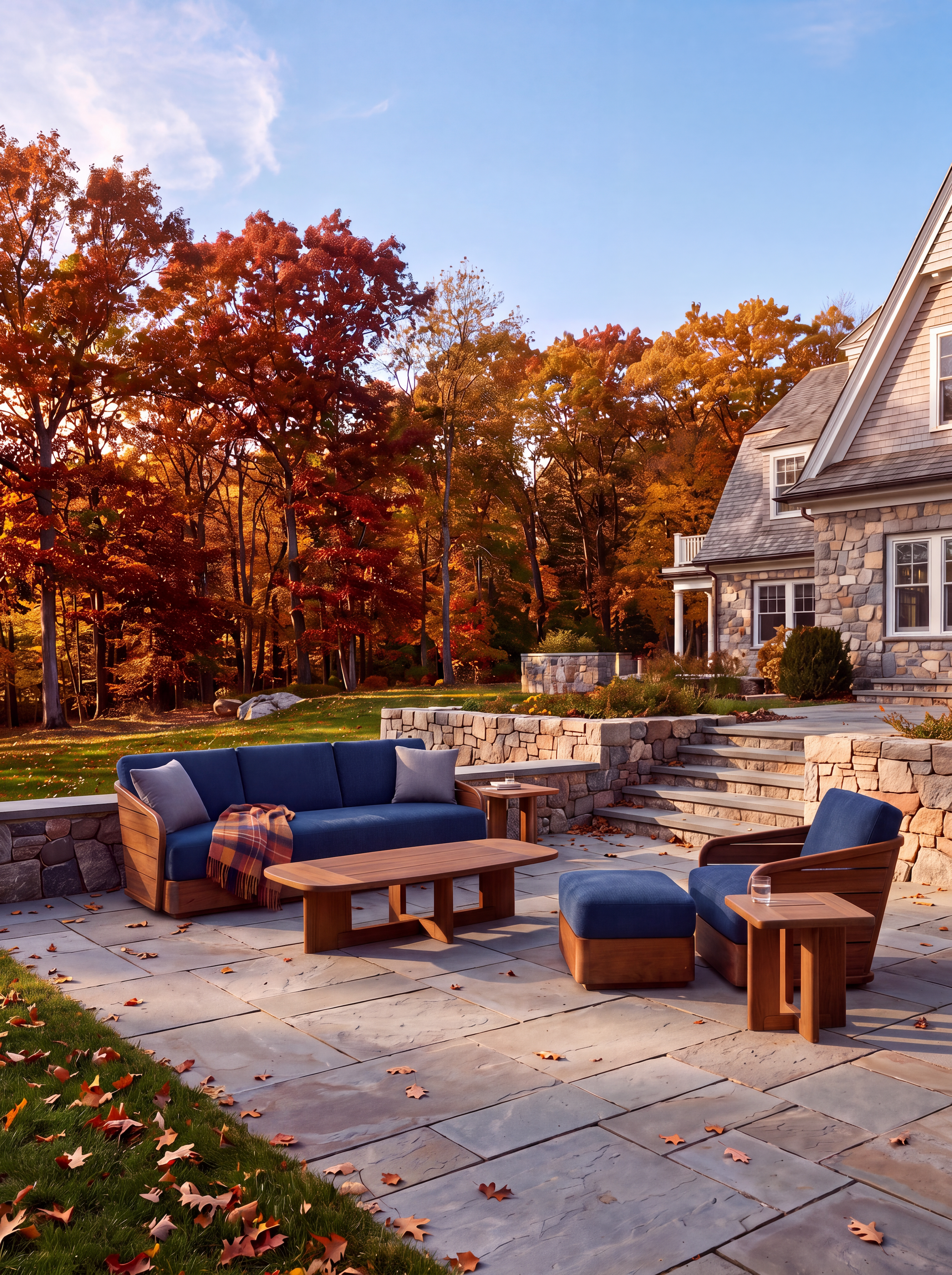Teak Furniture Collection on a stone patio with fall trees in the background