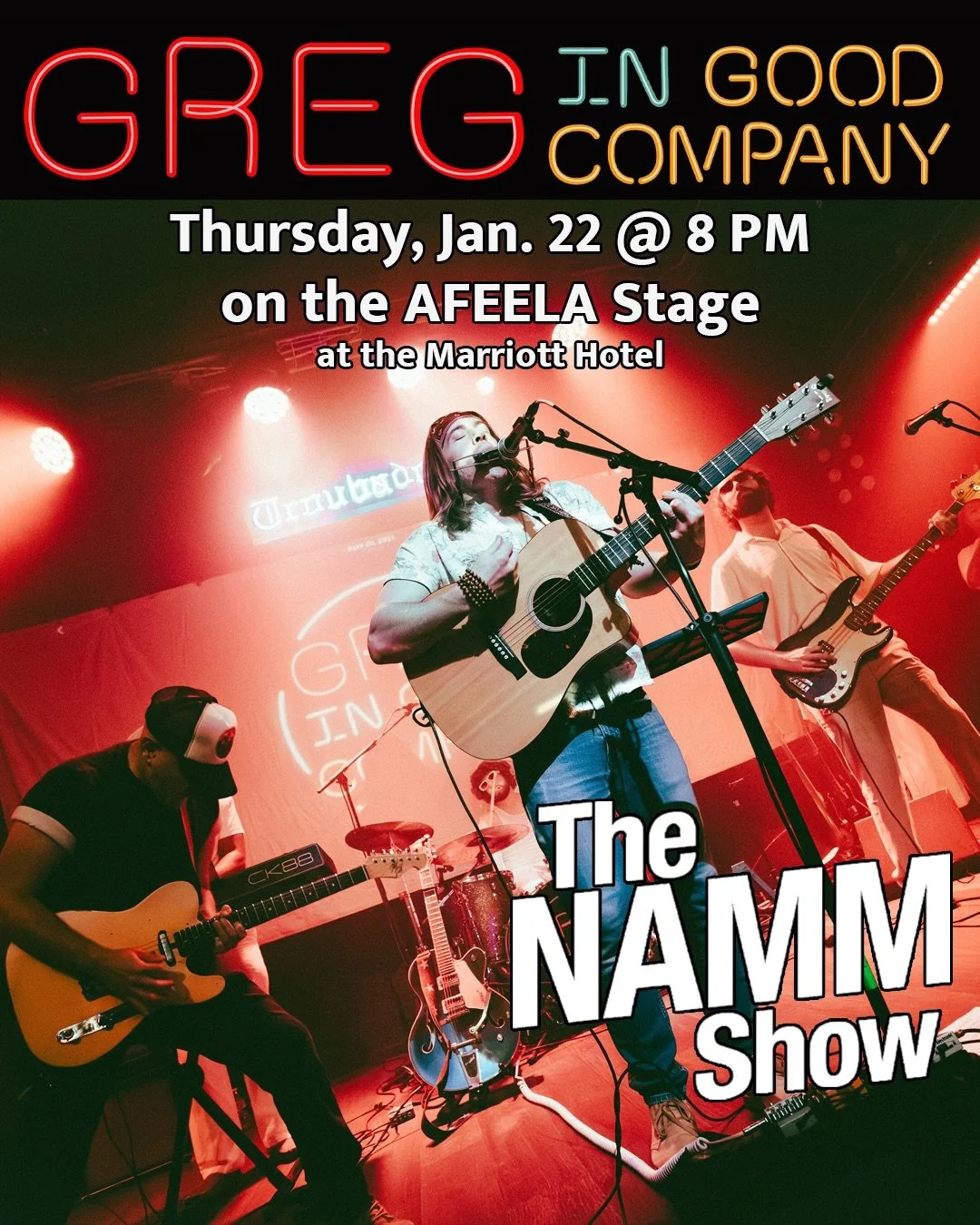 PUMPED for another trip to @thenammshow in Anaheim to play with the band on the AFEELA Stage at the Marriott Hotel at 8 PM on Thursday, January 22 🤘🏻

Before that, catch me playing a solo acoustic set in a songwriter round on the same stage at 4 PM