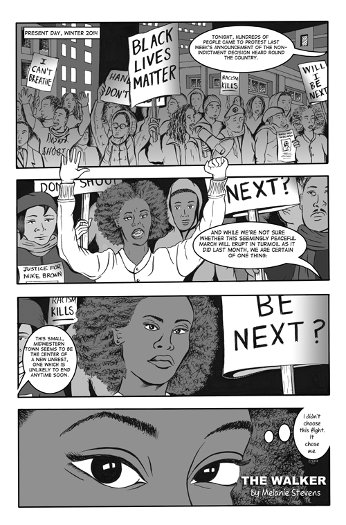 Page 1 of "The Walker", Graphic Novella BUY IT HERE. 2015.