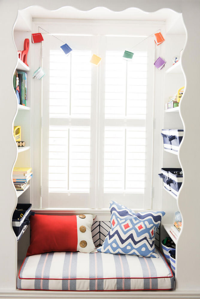 child reading nook, kid decor, interior design for children, colorful interiors, colorful interior design, colorful bookshelf, colorful bookcase, Meghan Posnanski, Summit Drive Design