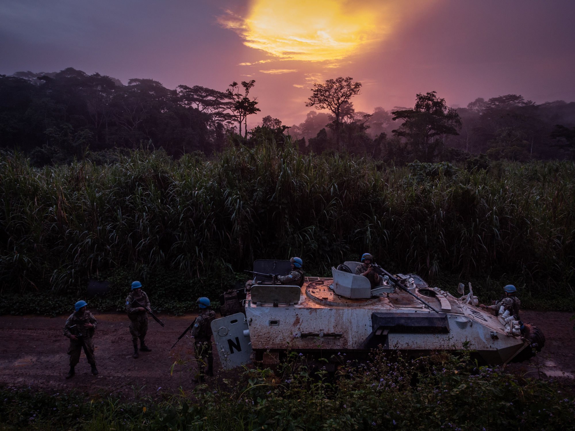  UN troops are seen on dusk patrol between the towns of Kilo and Mongwalu, Ituri Province. 